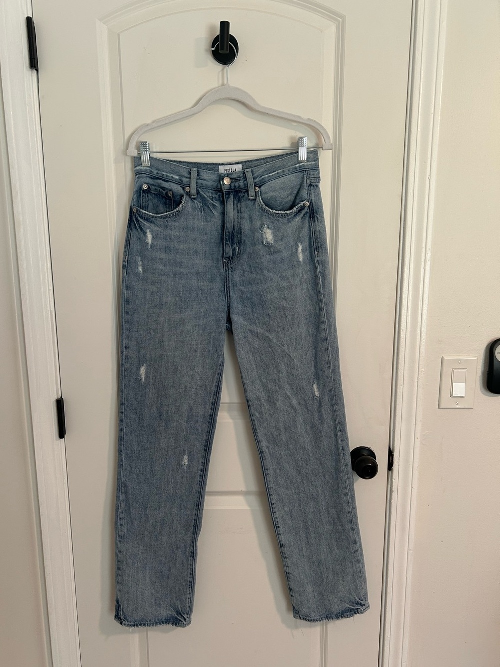 pistola Cassie Straight Leg ultra high rise distressed Jeans in Light Blue Sz 27